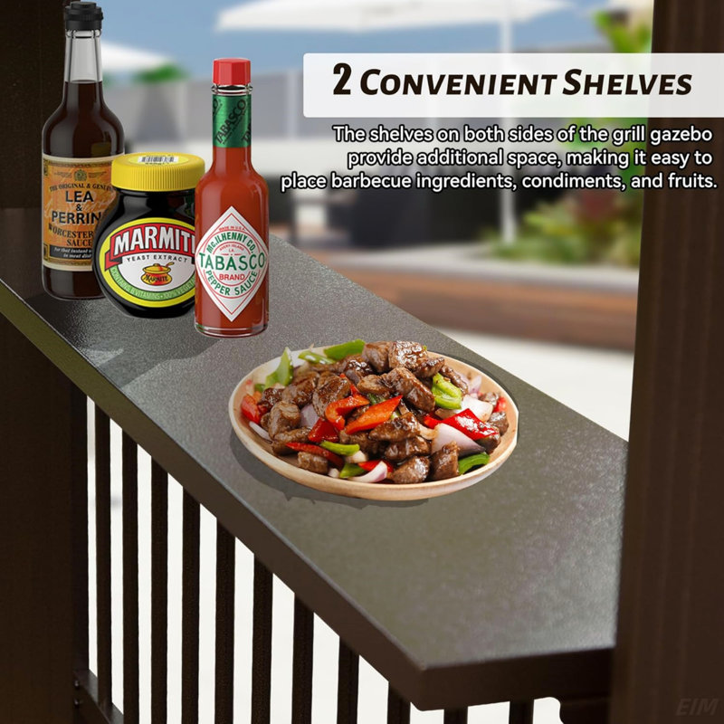 Hardtop Grill Gazebo, Outdoor BBQ Gazebo With 2 Side Shelves And Sloping Galvanized Steel Roof, Metal Permanent Grill Canopy With Ceiling Hooks(Canopy)