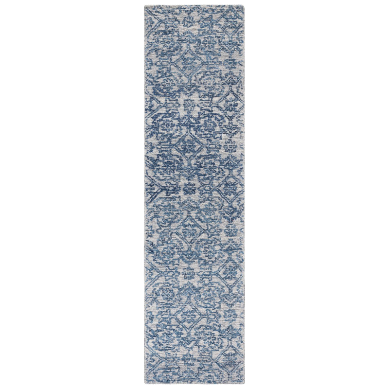 Tapis bleu en laine / coton touffeté à la main Angeli, Tapis de couloir 2 pi 3 po x 9 pi