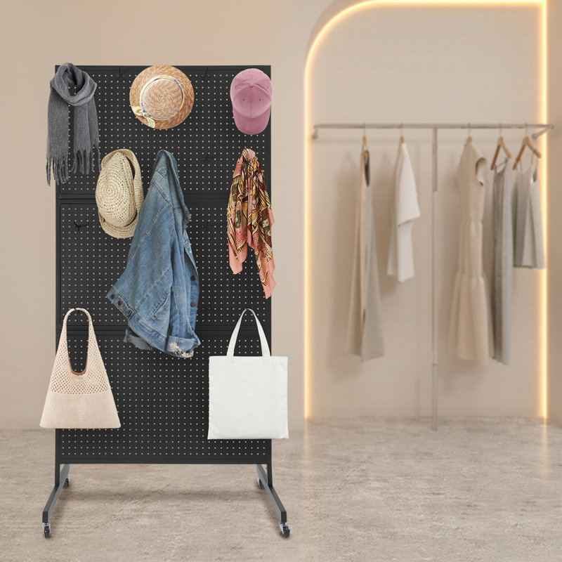 Free Standing Pegboard Display Rack With Wheel, Matte Black