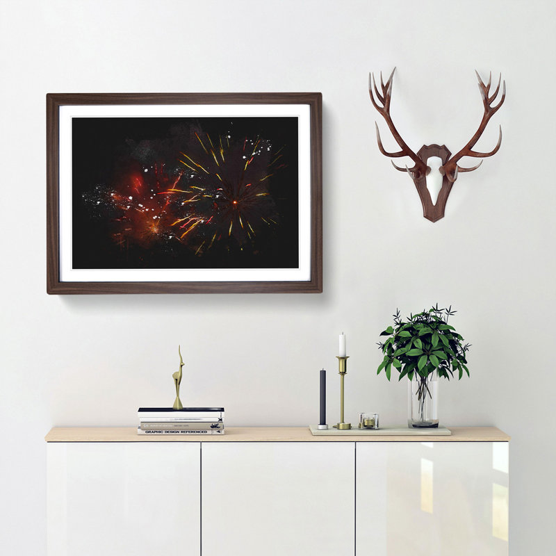 Orange and Red Fireworks - Framed Print, 24cm H x 33cm W x 2cm D, Walnut Framed
