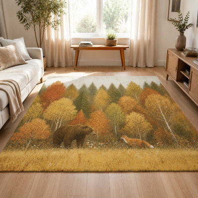 1Pcs Realistic Forest Bear and Fox Print Area Rug - Nature Landscape Design, Vibrant Autumn Colors, Soft Plush Pile, Durable Easy to Clean, Non-Slip Backing for Living Room, Bedroom, Dining, Hallway, Indoor Use for home detor