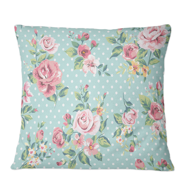 Coussin décoratif rétro à motif de roses roses sur fond bleu clair, 16 po x 16 po