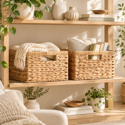 Panier de rangement rectangulaire en jacinthe d'eau naturelle tressée à la main, bac de rangement en osier avec poignées intégrées pour étagère, chambre, cuisine, 39 x 27 x 17 cm