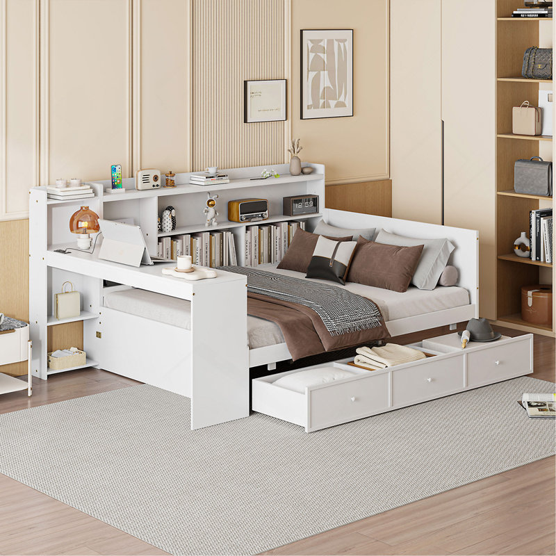 Full Size Wooden Daybed With 3 Drawers, USB Ports And Desk, White, Full / Double