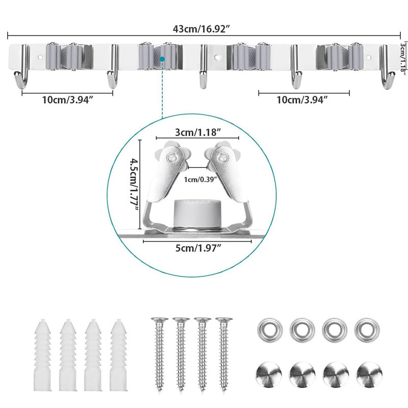 Stainless Steel Broom Storage with 4 Racks and 5 Hooks, Grey