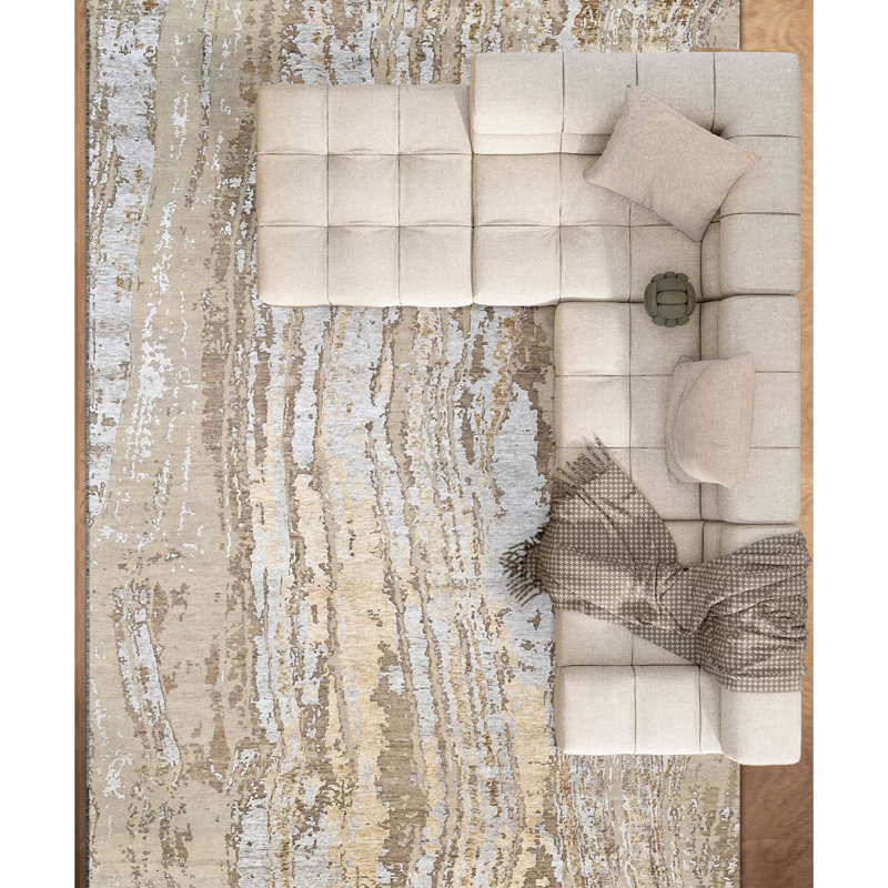 Hand Knotted Area Rug in Beige/Gold, Rectangle 8' x 10'