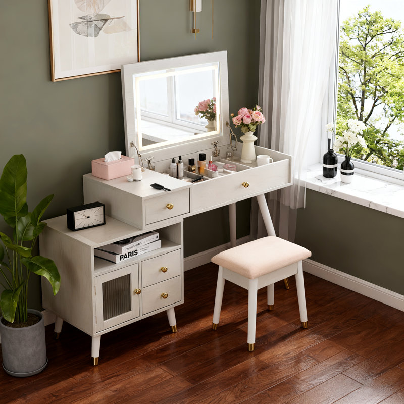 3-In-1 Vanity Desk With Lighted, Flip-Top Mirror & Adjustable Cabinet, Makeup Dressing Table With Stool, White