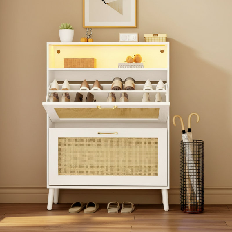 Freestanding White Rattan Flip-Top Shoe Cabinet With LED Lights On The Flip-Top Drawers. Holds Up To 20 Pairs Of Shoes; A Practical Entryway Option.