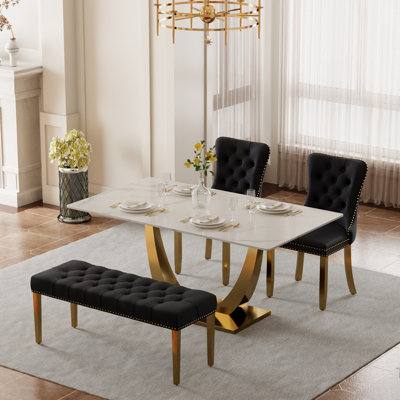 Ensemble de salle à manger rectangulaire avec banc, table de cuisine moderne de style Mid-Century et chaises capitonnées et banc de salle à manger de style luxueux Glass