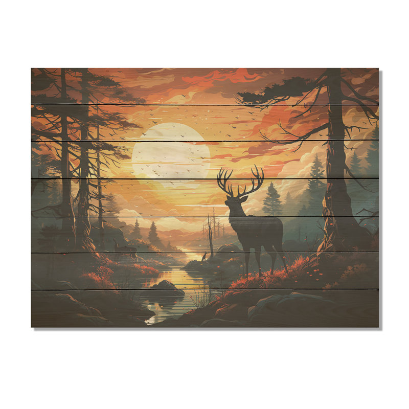 Paysage de cerfs au coucher du soleil au Canada I - Animal cerf sur bois, H 24 po x l 32 po x P 0,78 po