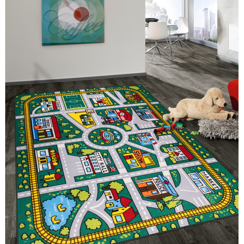 Jeromy Tufted Kids Green Non-Slip Rubber-back Area Rug, Rectangle 5' x 7'