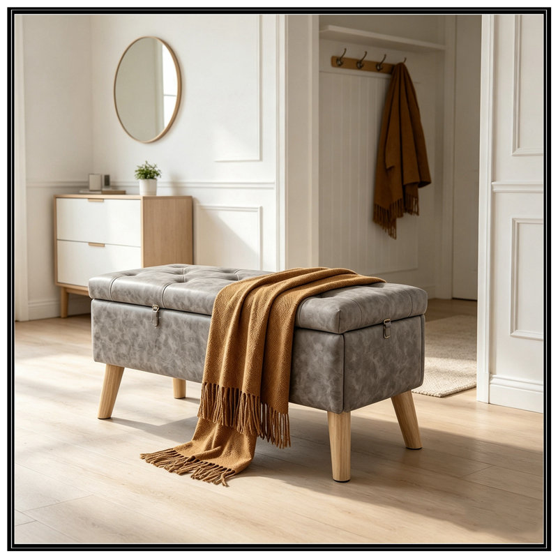 Banc rembourré avec siège capitonné et pieds robustes, Gris