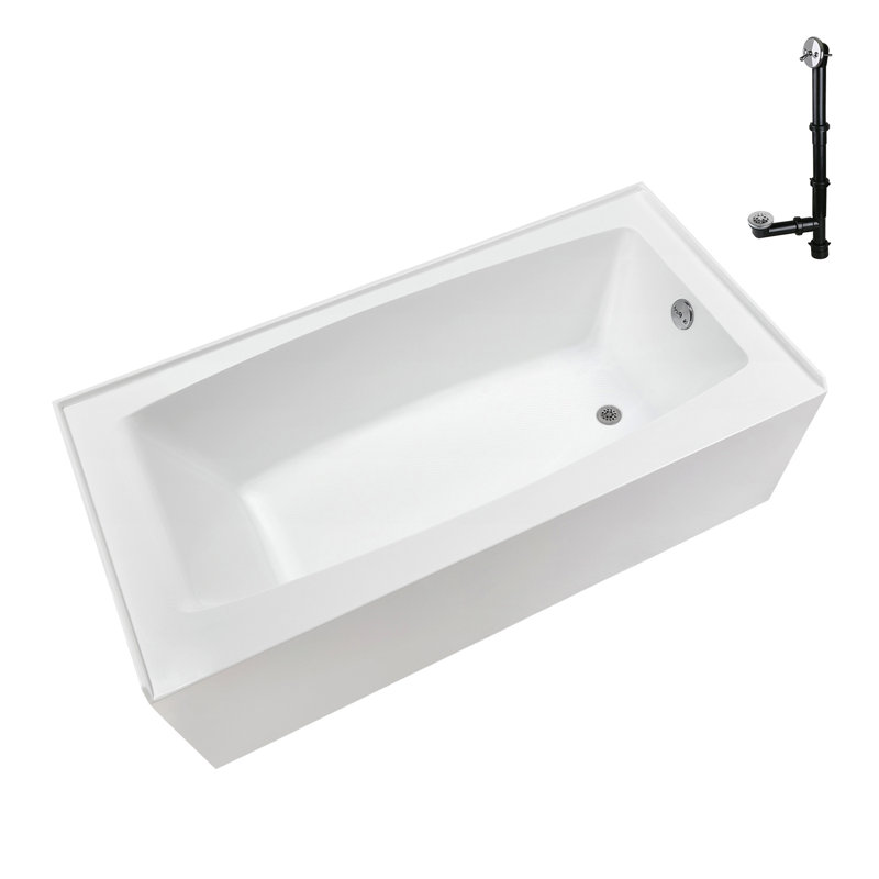 Baignoire en alcôve en acrylique blanc brillant avec drain extérieur 66 po x 32 po Streamline, Chrome poli