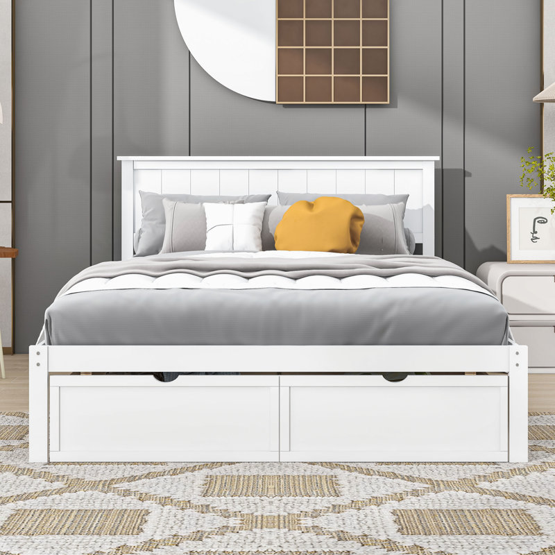 Lit plateforme en bois avec tête de lit et tiroir Berau, Double, Blanc