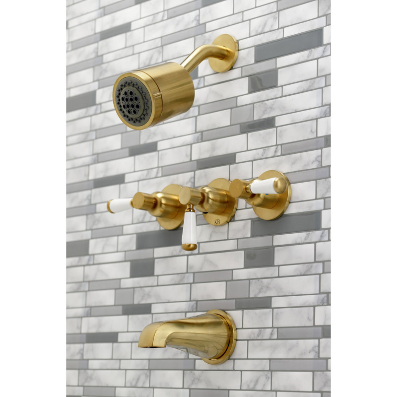 Kingston Brass Paris Triple-Handle Tub and Shower Faucet, Brushed Brass