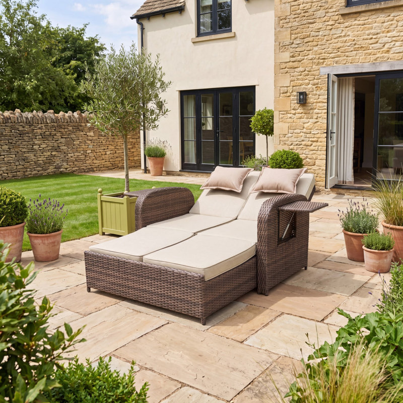 Whitmore Rattan Reclining Outdoor Sofa Bed with Side Shelves, Cream