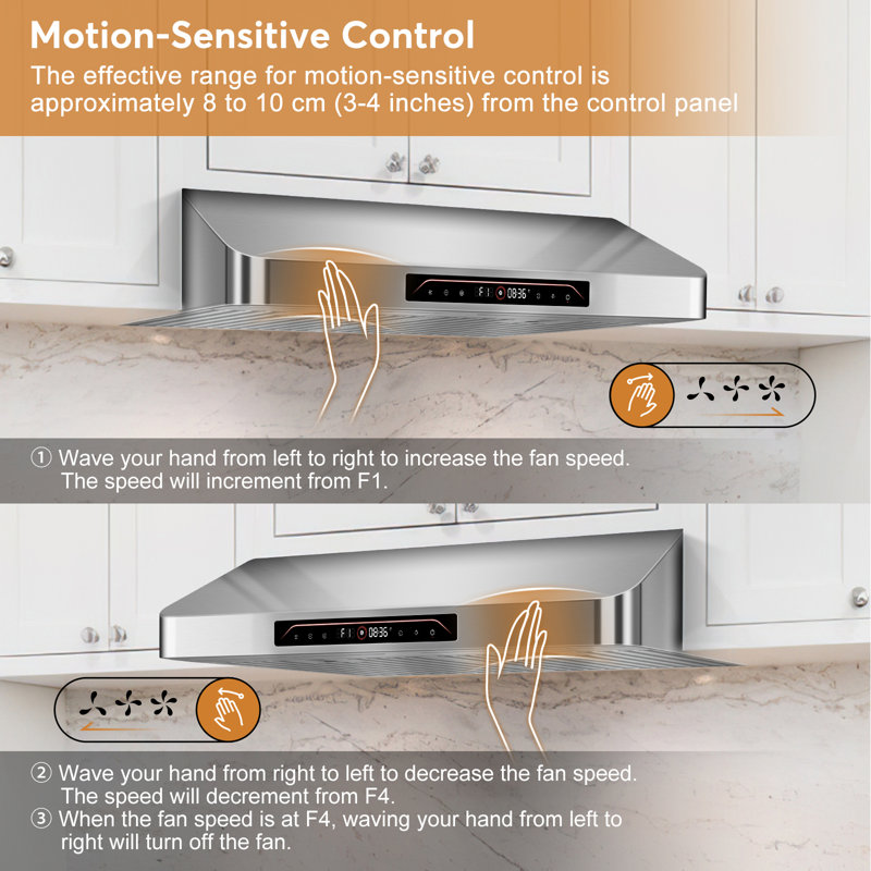 30" 900 CFM Ducted (Vented) Under-Cabinet Range Hood, 430 Stainless Steel Panel, Voice/Touch/Gesture/Remote Control, 4 Speed Ultra-Quiet, Clock, Delayed Shutdown, Timer, Dishwasher-Safe Stainless Steel Baffle Filters, LED Lights, Rounded Corners, Silver