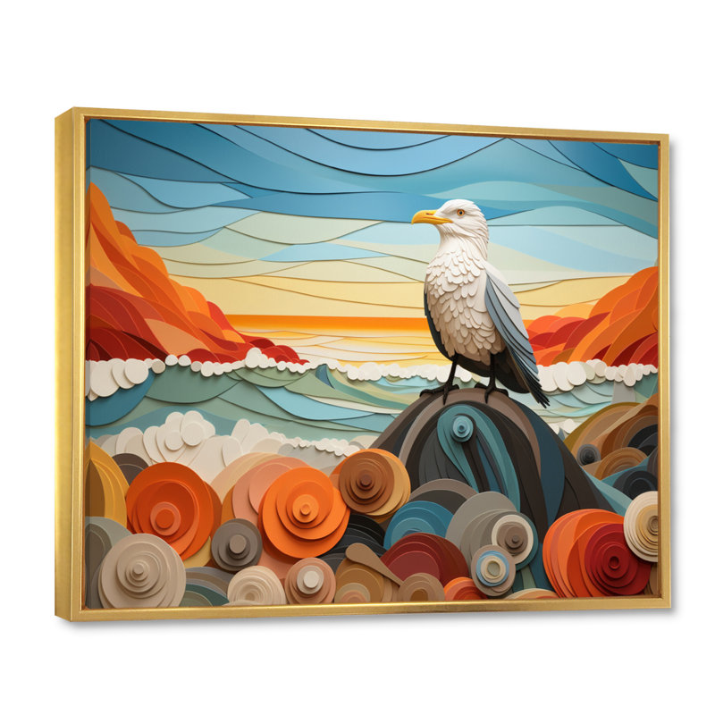 «Seagull Coastal Guardian Geometric I», reproduction d'art sur toile, H 24 po x l 32 po, Cadre flottant doré