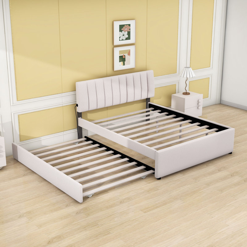 Lit plateforme tapissier classique avec lit gigogne simple Prarthana, Grand, Beige