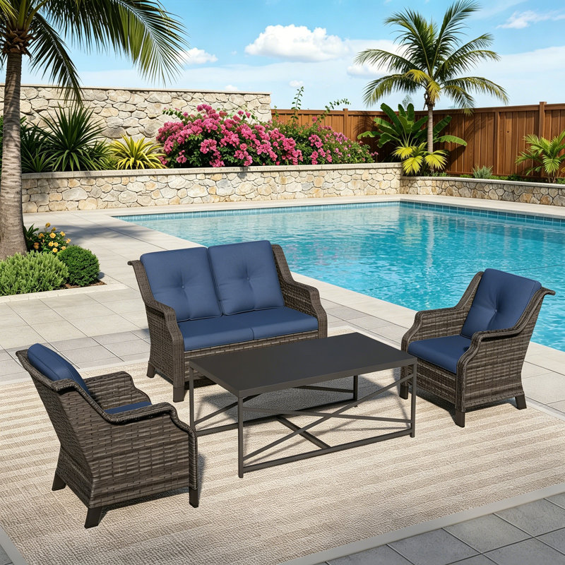4-Person PE Wicker Outdoor Patio Set with Loveseat,2 Chairs,Coffee Table & Blue Cushion, Blue