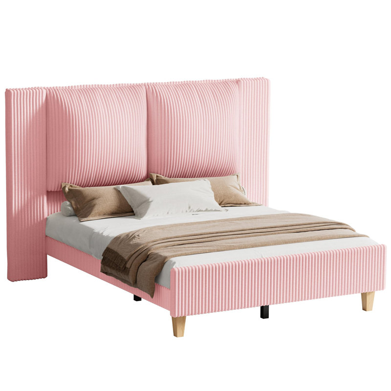 Lit rembourré en velours côtelé avec tête de lit haute en velours côtelé, Lit double, Rose