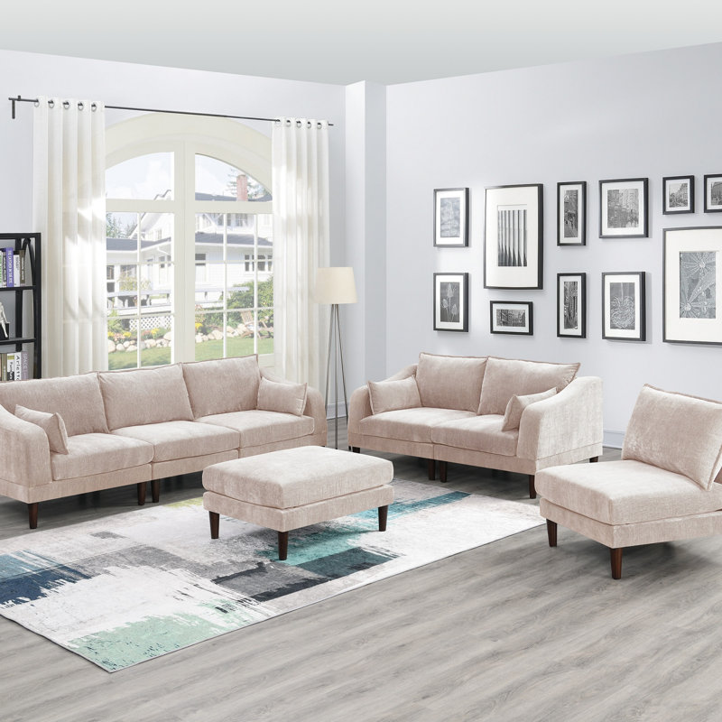 6Pcs Modular Sofa Set 4X One Arm Chairs 1X Armless Chair 1X Ottoman Living Room Furniture Mineral Color Morgan Fabric