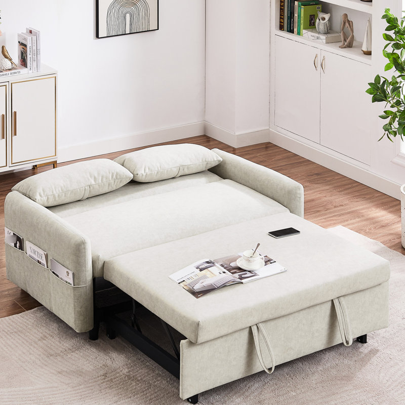 Lit de 55,1 po pour salon avec abris réglables, poches de rangement et 2 coussins - grandes poches beiges, Beige