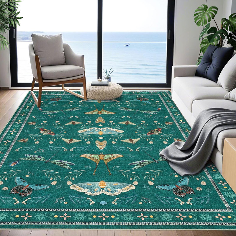 Insect Machine Washable Soft Area Rug for Living Room, Low Pile Non-Slip, Under Bed, Thin, 2'x6' Black Farmhouse Style.