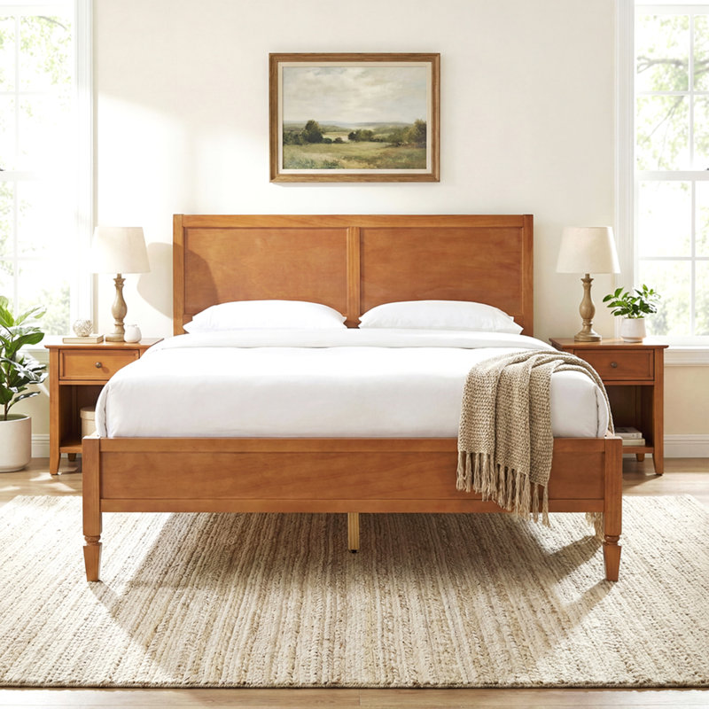 King Size Wood Platform Bed Frame with Classic Panel Headboard, Wooden Slats Support, No Box Spring Needed, Easy Assembly, Brown