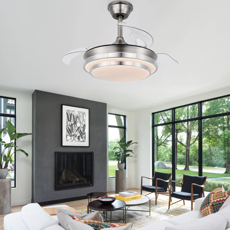 Gerede 36" Three Blade LED Retractable Ceiling Fan With Remote Control And Light Kit, Brushed Nickel with Clear Blades