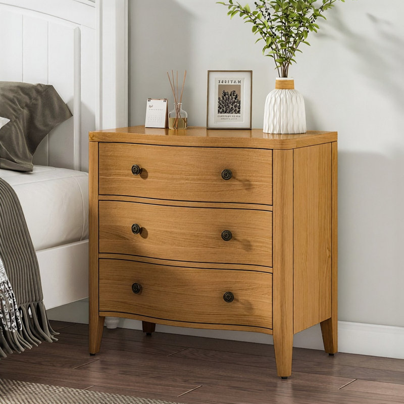 Andrile 27'' W Transitional 3-Drawer Curved End Table with Charging Station and Solid Wood Legs, Brown