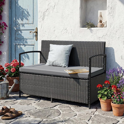 Causeuse d'extérieur en osier de patio avec rangement, conversation en rotin toutes saisons avec coussins pour la cour, le porche et le patio - Noir