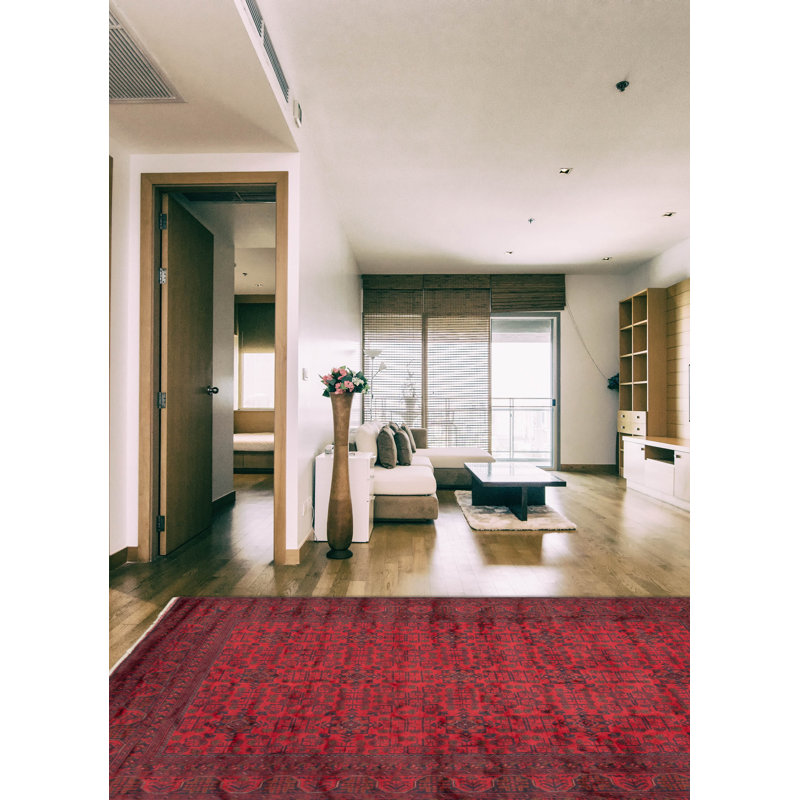 Tapis rouge en laine noué à la main de conception unique 6 pi 8 po x 9 pi 7 po New Age