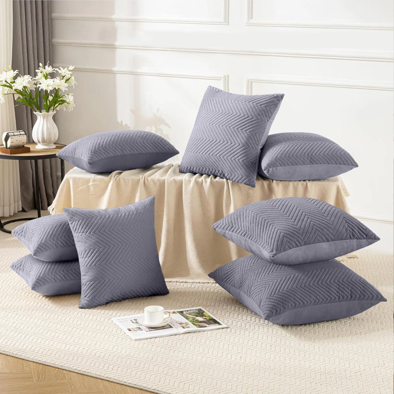 Embossed Quilted Chevron Decorative Cushion Cases - Set of 4 Modern Couch & Bed Décor Velvet Throw Pillow Covers , Grey