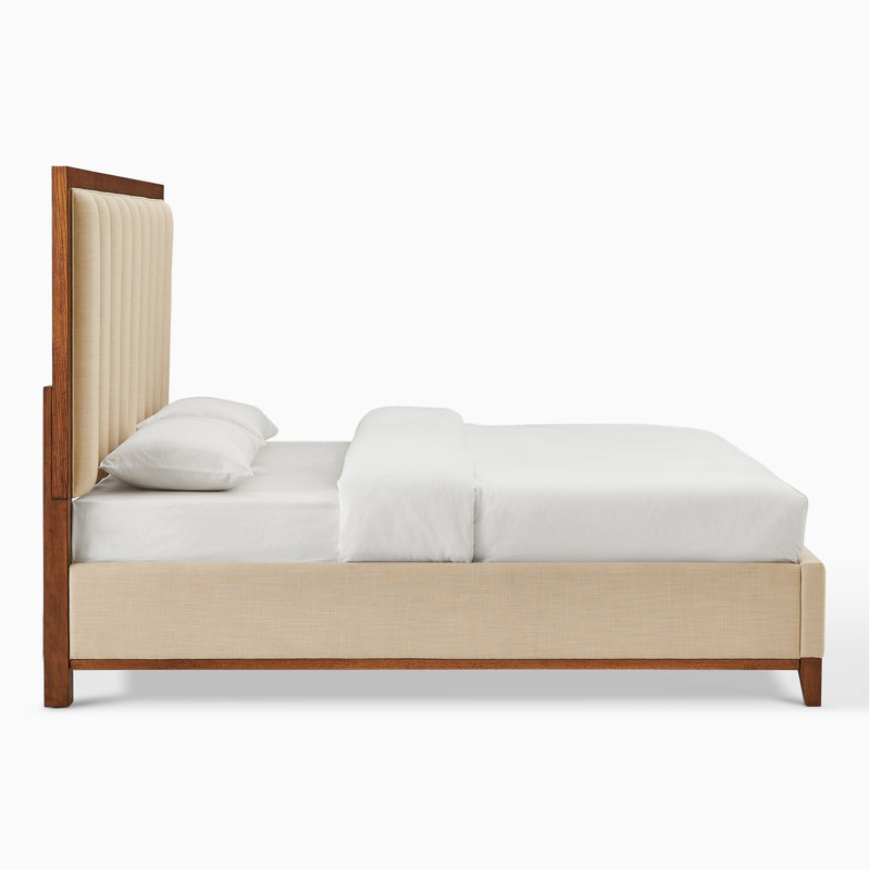 Lit en bois massif brun très grand avec tête de lit tapissier pour chambre Hernest, Beige/Dark Wood, Très grand lit
