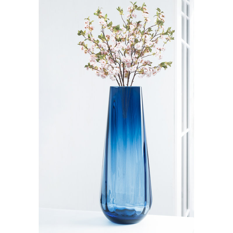 Flower Vase - Glass -  Blue - Colored - Thick - 13.9"H - Square Top - Optic  Design - European Made - by Barski, Blue