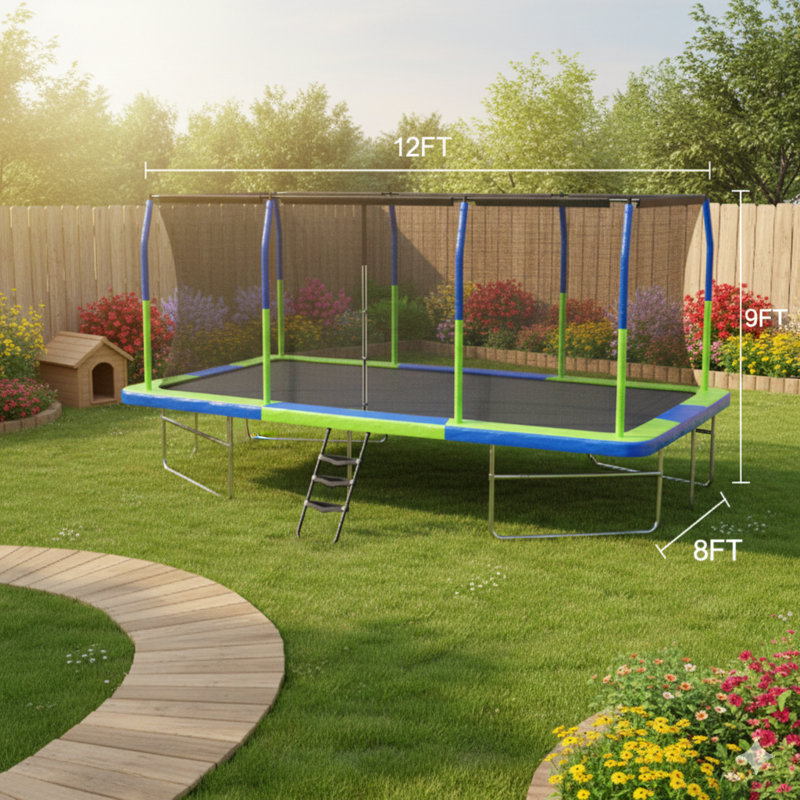 Ensemble de trampoline 10 x 17 pieds en bleu et vert, comprend les composants A, B, C et D.
