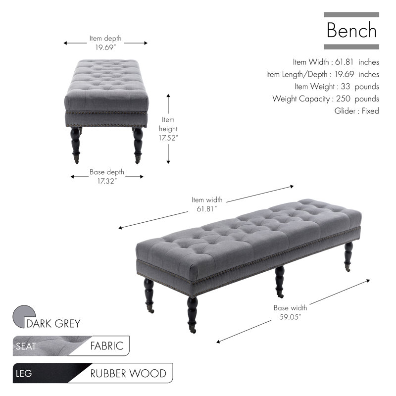 Casablanca Fabric Upholstered Bench with Wheels, Dark Gray