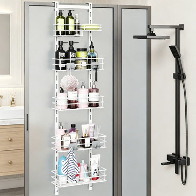 Serviteur de douche au-dessus de la porte, étagère de rangement réglable à 5 niveaux pour la salle de bain, antirouille avec 4 crochets, panier de douche avec porte-savon et ventouse