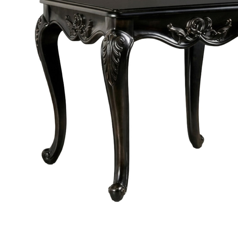 26,5 po. Table de bout rectangulaire noire en bois avec détails sculptés et pieds en cabriole