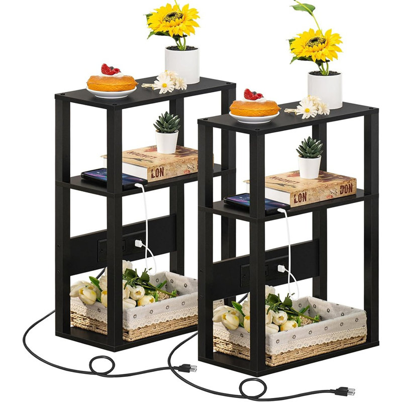 3-Tier Small Narrow Wood Side Table Set Of 2 With Charging Stati...