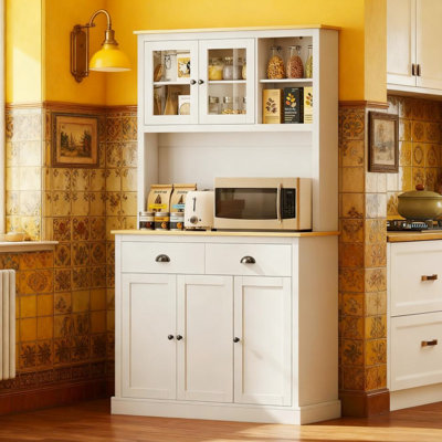 71" Kitchen Cabinet In White With Three Cabinets, Two Drawers, And A Wide Countertop For Home Use Large Storage, Adjustable Shelving, Organization Needs