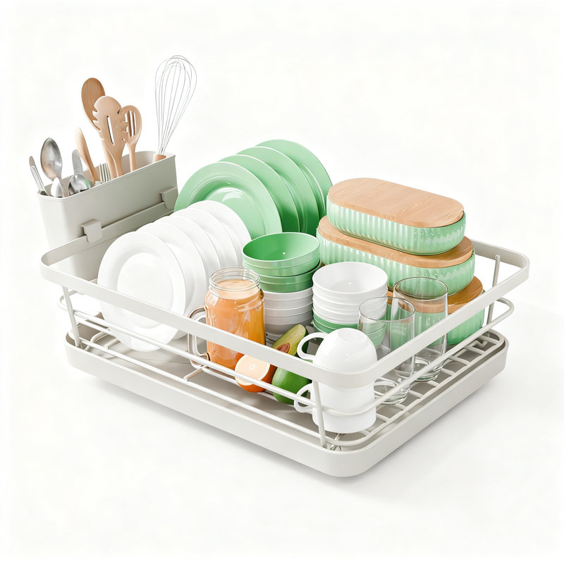 Compact Dish Drying Rack With Utensil Holder & Adjustable Drain Spout, Rust-Proof Space-Saving Kitchen Counter Organizer