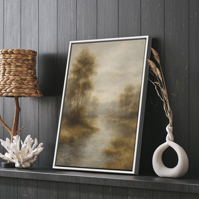 Golden Misty Riverside Landscape with Trees Framed Print Wall Art