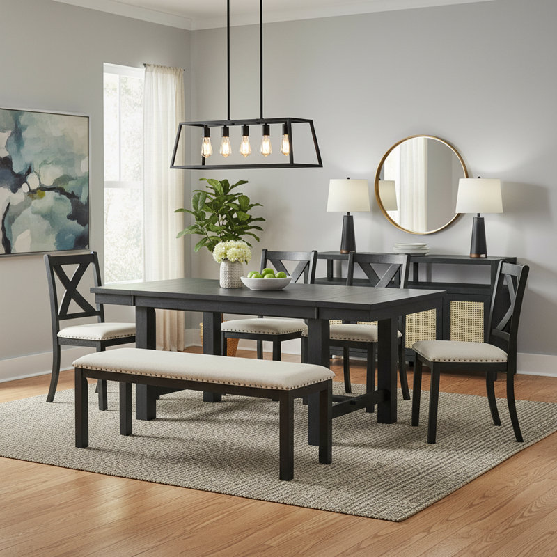 Rustic 7-Piece Extendable Dining Set With Upholstered Chairs, Bench & Boho Rattan Sideboard