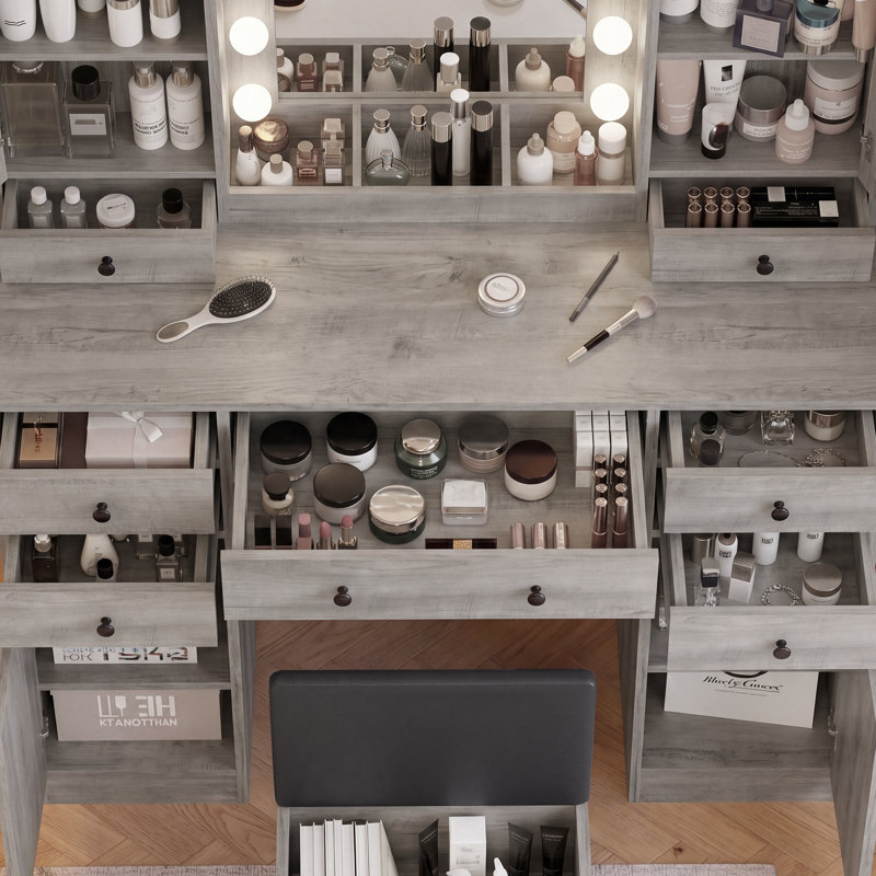 Durnan Vanity & Stool ,LED Lights And Power Outlet, Bedroom Makeup Vanity Table With 2 Glass Storage Cabinet And 7 Drawers