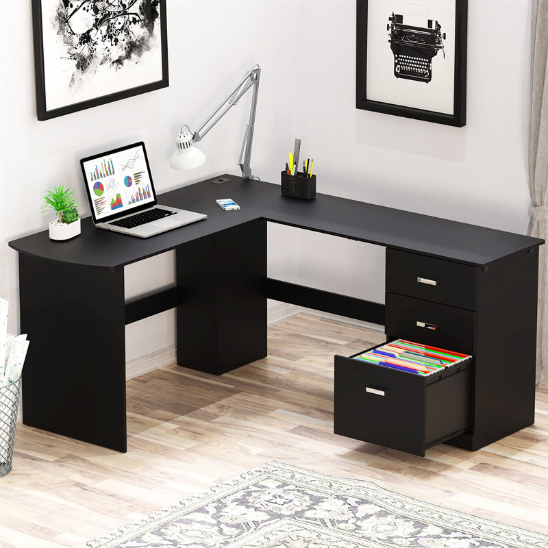 Bureau d'ordinateur de coin moderne en L noir - Solution compacte pour un bureau ou un dortoir, Noir, Noir