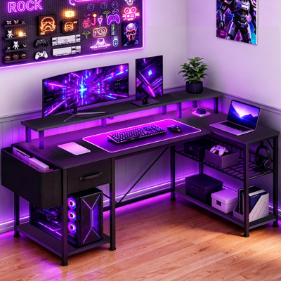 L-Shaped MDF Iron Computer Desk with Built-In Electrical Outlet