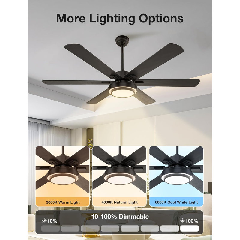 Ceiling Fans With Lights And Remote Control, 62 Inch, 6 Speeds Reversible DC Motor, 3 Color Dimmable Light, Timer, Noiseless, Black, 6 Blades