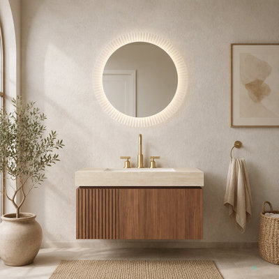 Meuble-lavabo de salle de bain 48 po MURI, armoire de rangement en contreplaqué flottant avec tiroir et portes, comptoir en pierre frittée en travertin Roma et lavabo en céramique avec 3 trous de robinet pré-percés, pré-assemblé